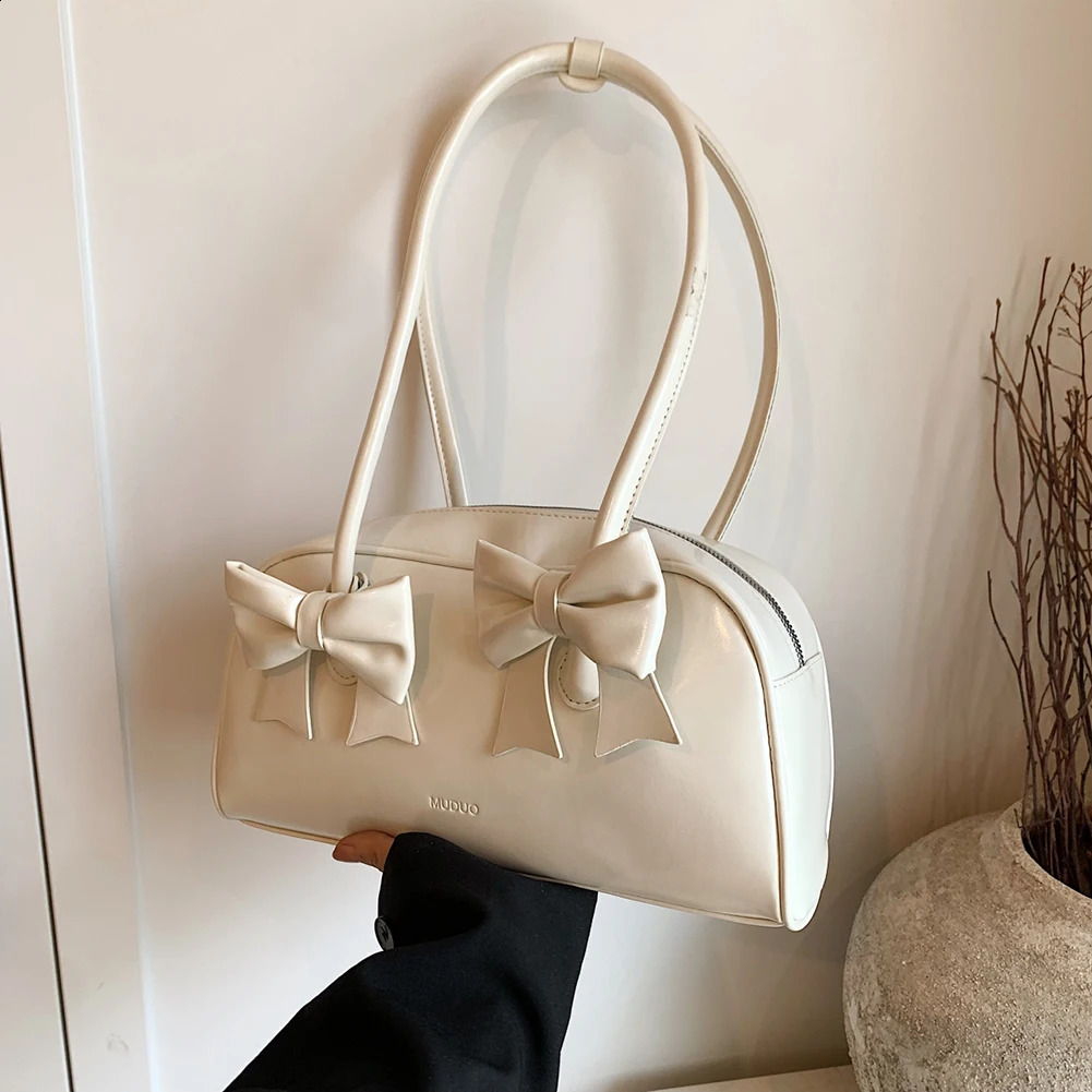 Ship from US Women Shoulder Bag Bowknot Pu Leather Boston Tote Solid Color Handbag Shopping 250227FBB