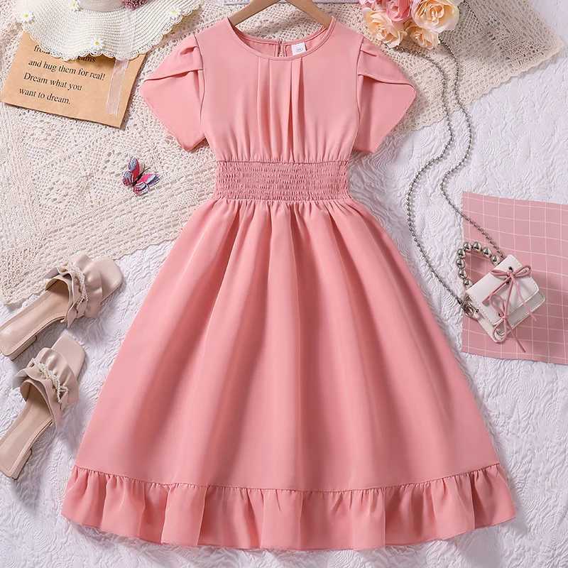 8-12Ys Pink Short-Sleeved Dress Kids Girls Round Neck Fashion Grace Cute Sweet Vacation For Daily Casual Princess DressXJ250228