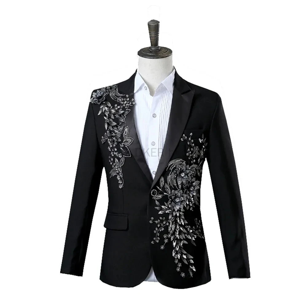 COLDKER Elegant Appliqued Mens Suits Slim Fit 2 Piece Formal Tuxedo Suits Blazer Pants with Bow Tie for Wedding Prom 250224