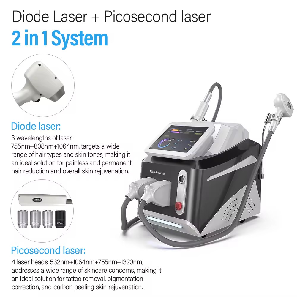 Portable 2 in 1 diode laser machine 4 wavelengths hair removal tattoo removal 3000W diode beauty instrument