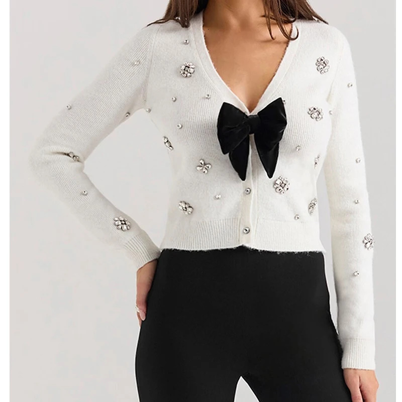 YENKYE 2025 Women Fashion Handmade Diamond Bow Knit Cardigan Long Sleeve V Neck Slim Crop Sweater Elegant Coat Tops 250225