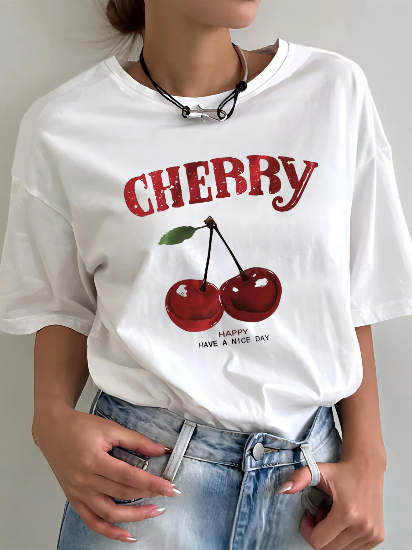 Summer Womens Cherry Print Casual Fashion White Versatile Loose Round Neck T-Shirt 250228