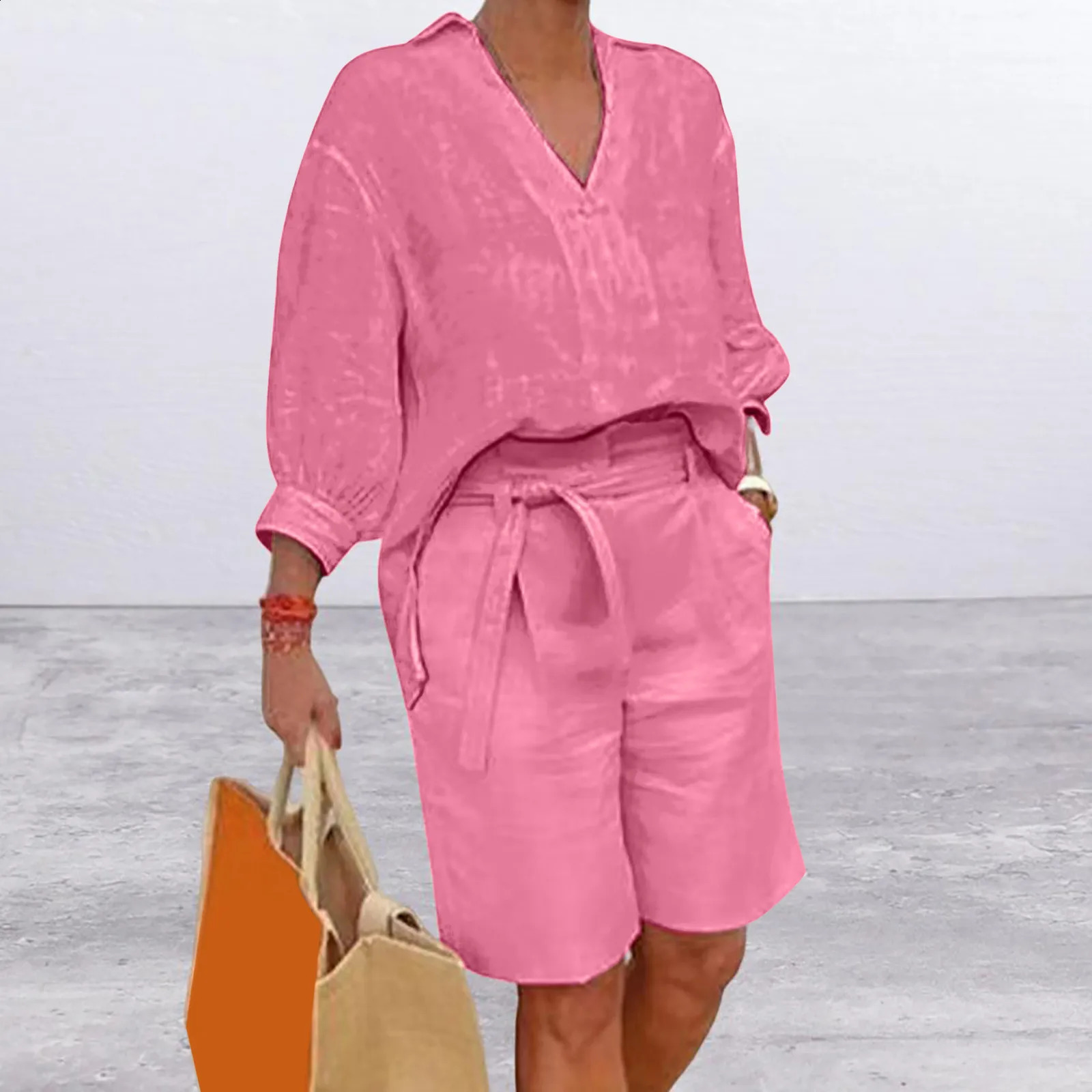 Fashion Half Sleeve VNeck Shirt Casual Loose Two Piece Set For Women Straight Pocket Belt Pants Summer Cotton Linen Suit 250228