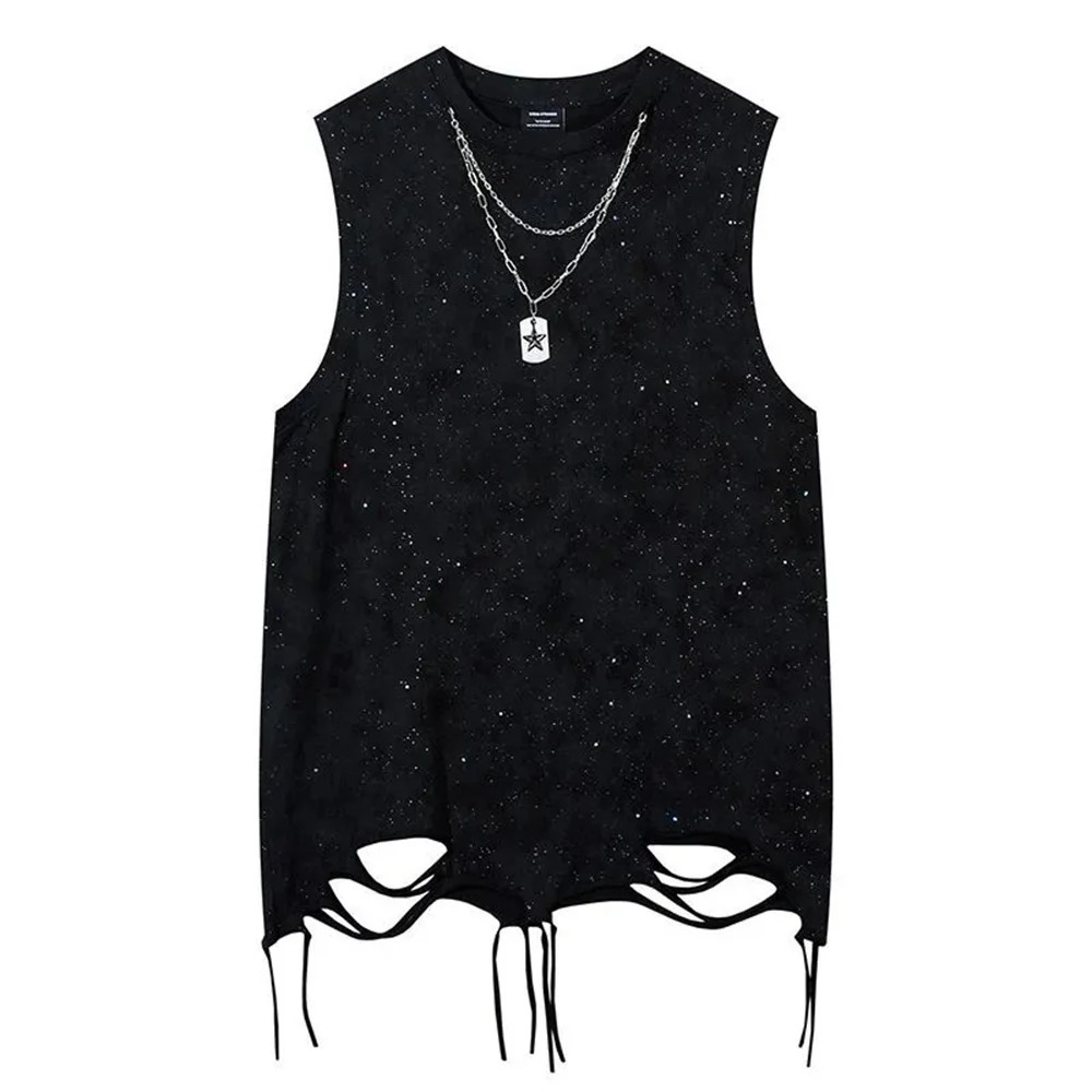 Mens Vest Ripped Starry Sky Print Casual Tank Top Summer Y2k Streetwear Personality All-Match Gym Daily Tops Mens Clothing 250226