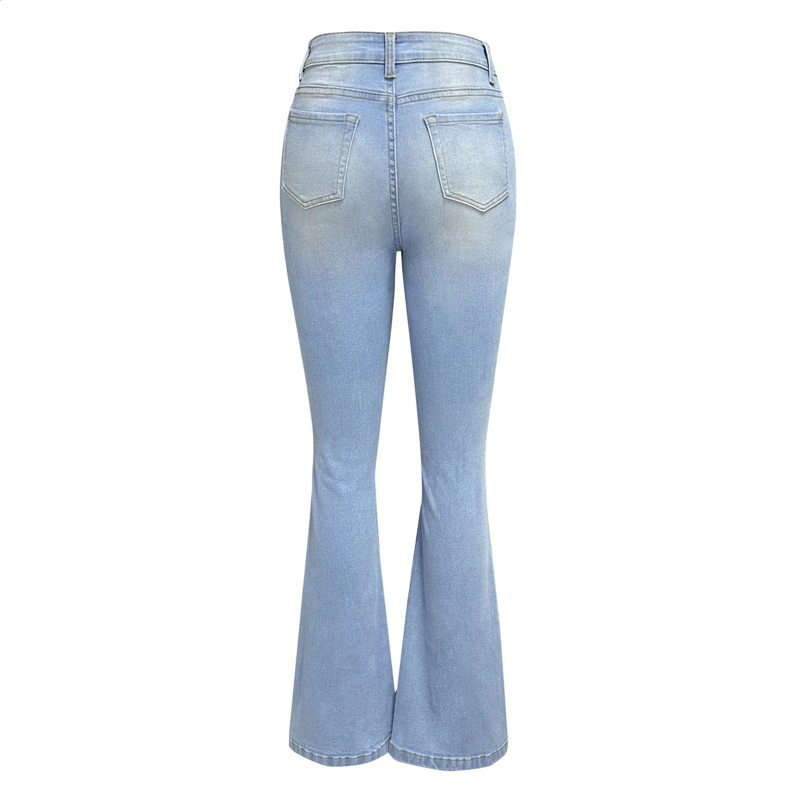 Womens open top French jeans mid waist wide leg boots denim pants vintage blue Trousers 250228