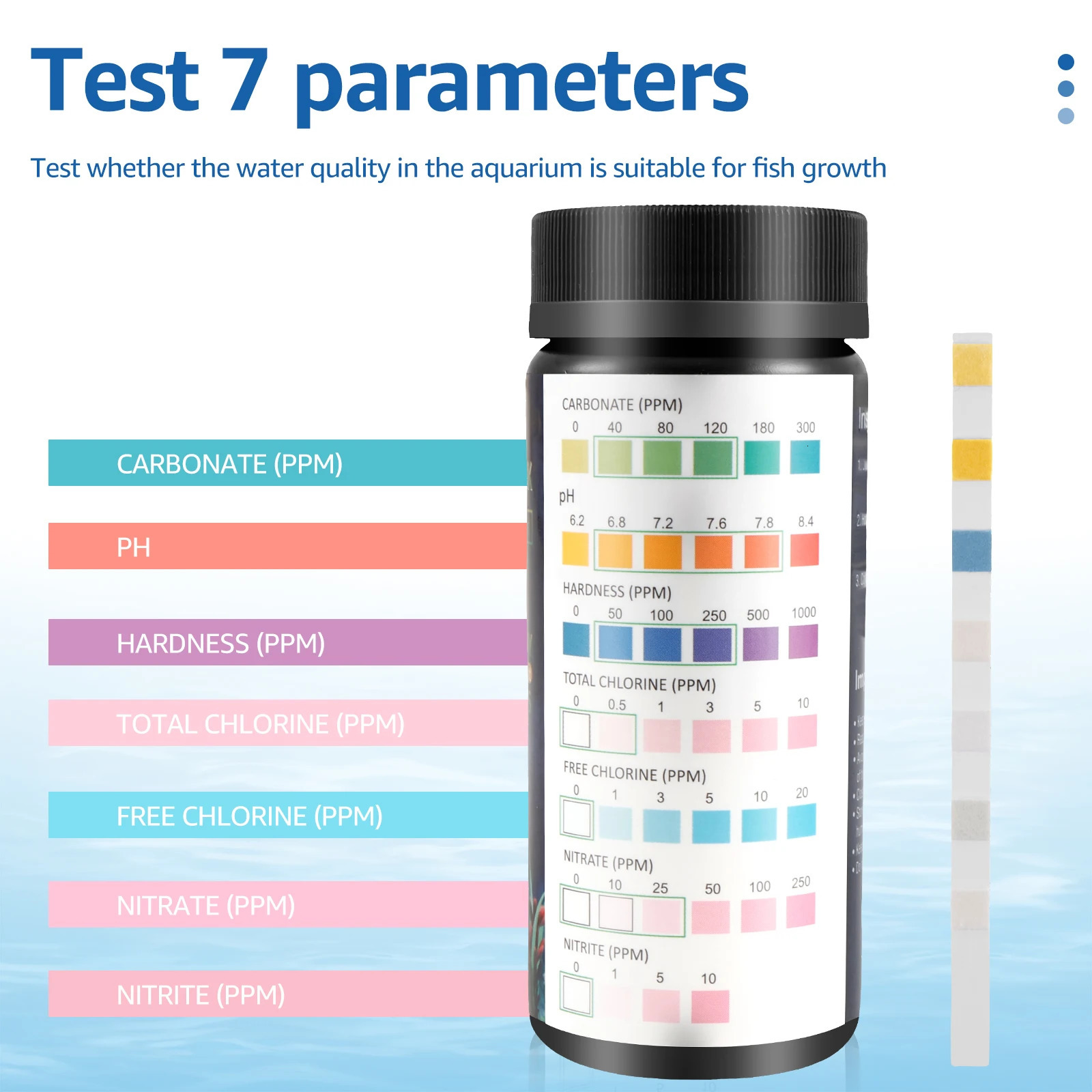 100Pcs Aquarium Test Strips Water Quality Test Strip 7in1 Fish Tank Test Kit Freshwater Saltwater Aquarium Water pH Test Strips 250226