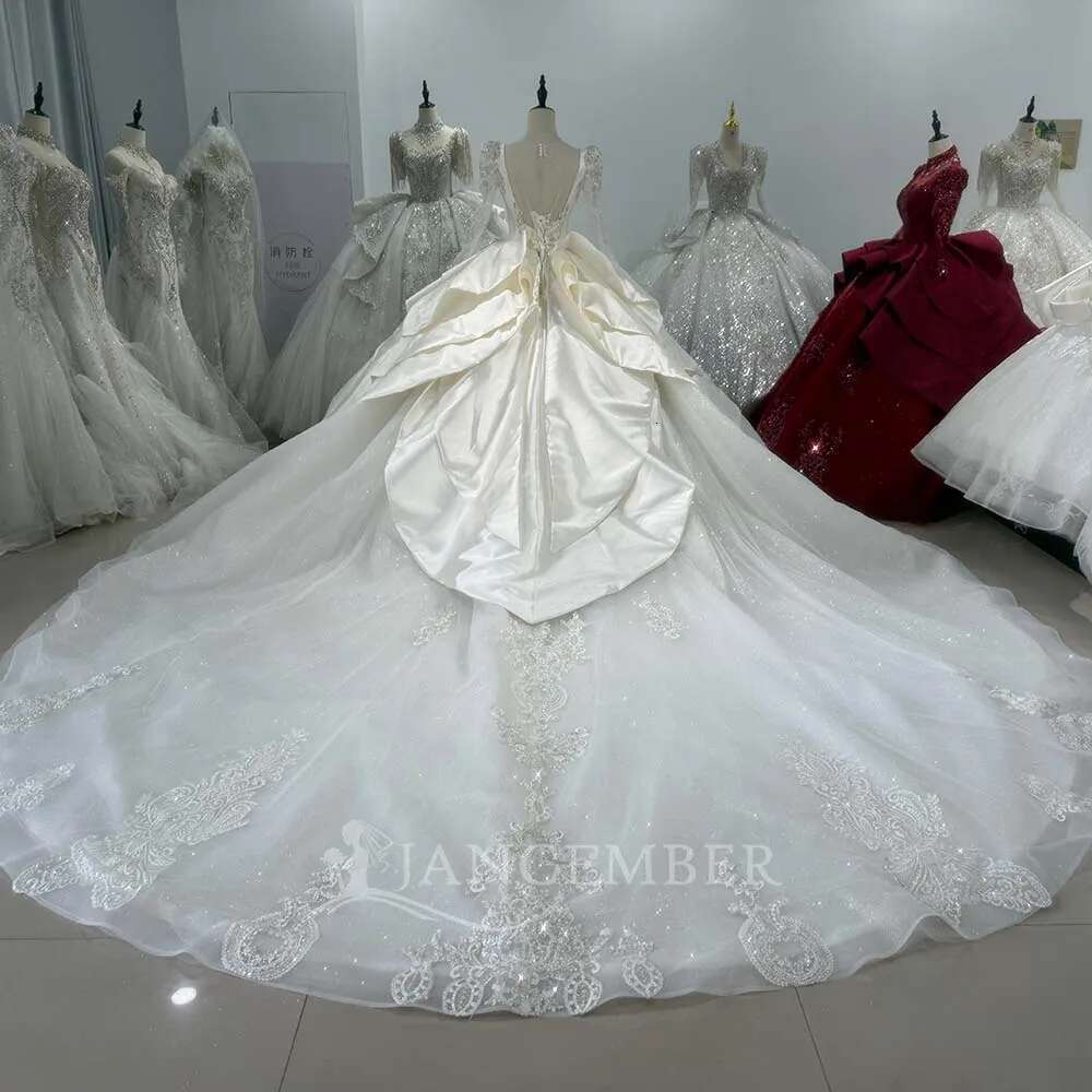 New custom beauty beads pearls long sleeves spark lace wedding dress uoso feminine novia dresses