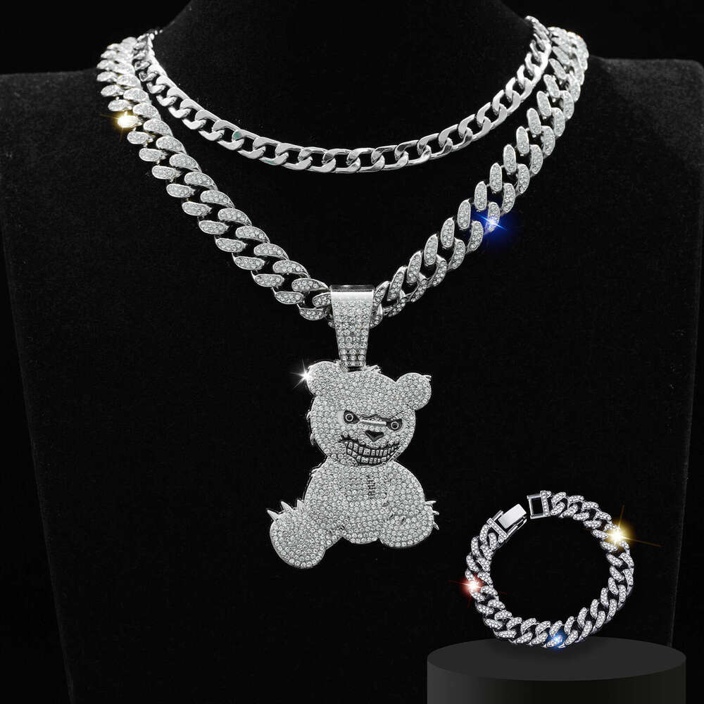 Jewelry Fashion Full Dia Bear Pendant Necklace Men's Hip Hop Cuban Chain Bracelet Three Piece Set