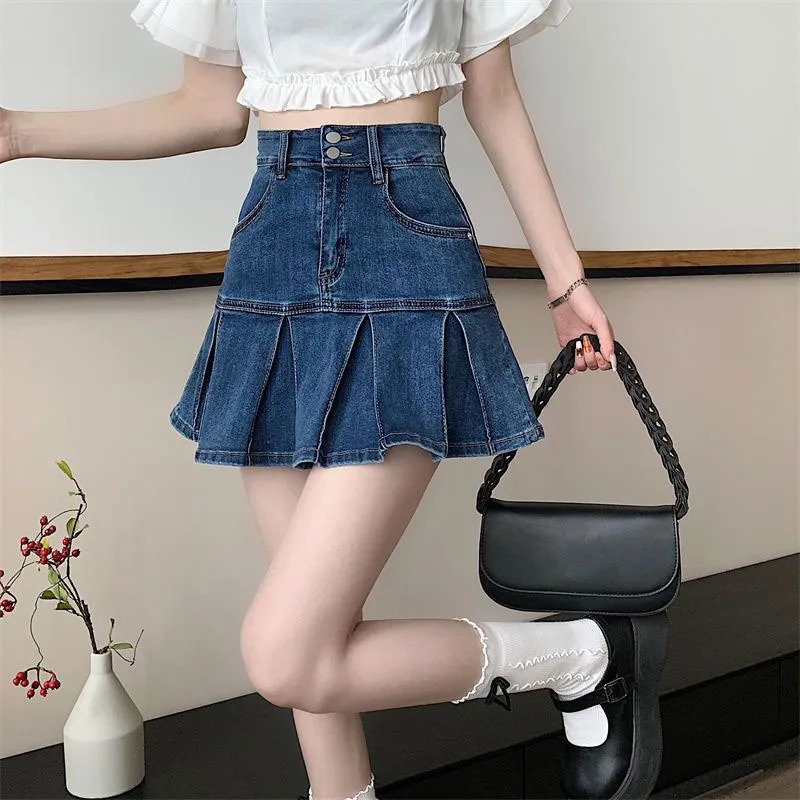 Lucyever Korean Style Pleated Denim Skirt Ladies Fashion High Waist A-Line Mini Skirts Women 2025 Summer Jean Short Skirts 250227