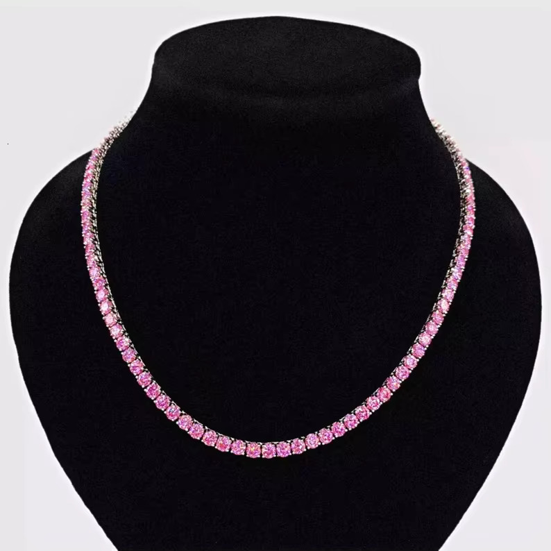 4mm Iced Out Hiphop Pink Moissanite Tennis Necklace 925 Sterling Silver Sparkling Moissanite Tennis Chain