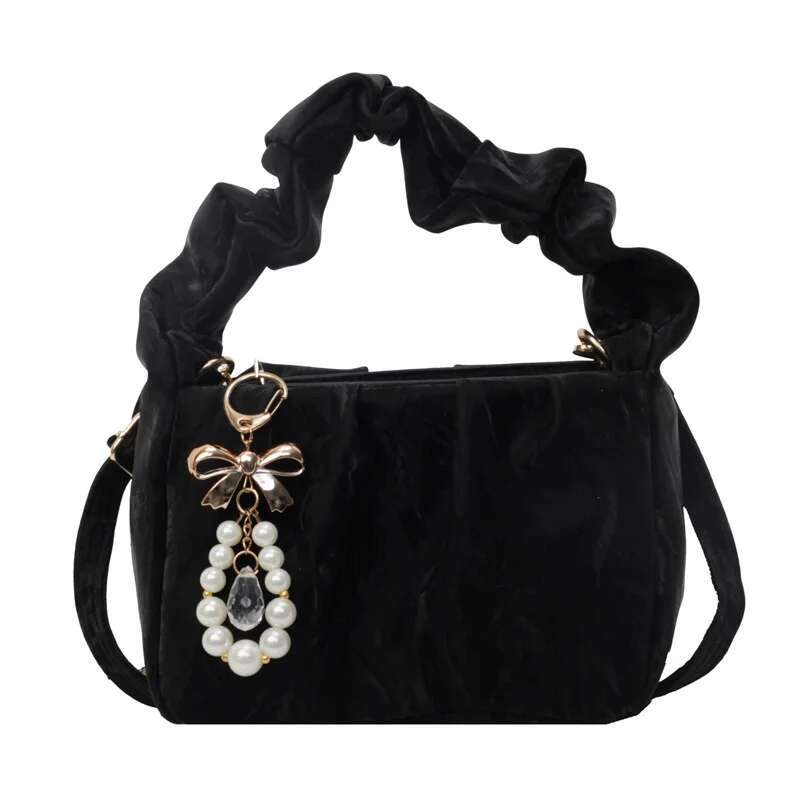 Fashion Chinese Girls Shoulder Handbag Tote Wrinkled Clouds Women's Underarm Bag Pearl Decoration PU Material