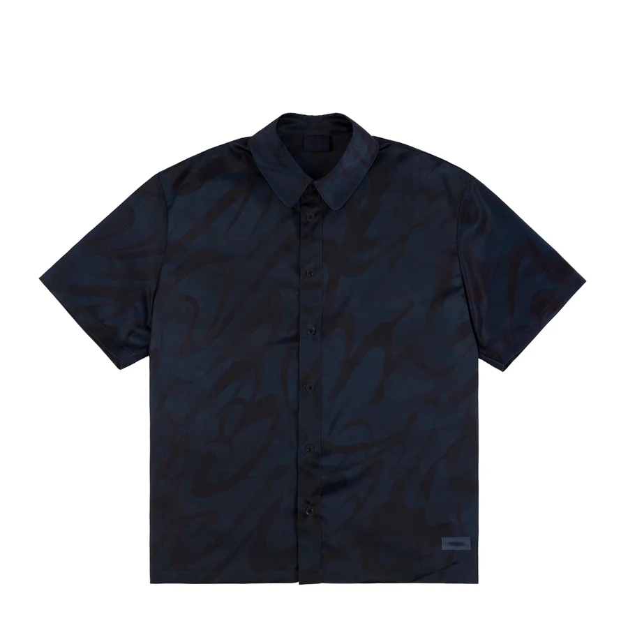 Men's Dark Blue Chilling Satin Polo Shirt with Allover Happy Print Loose Fit for Casual Wear Custom Branded