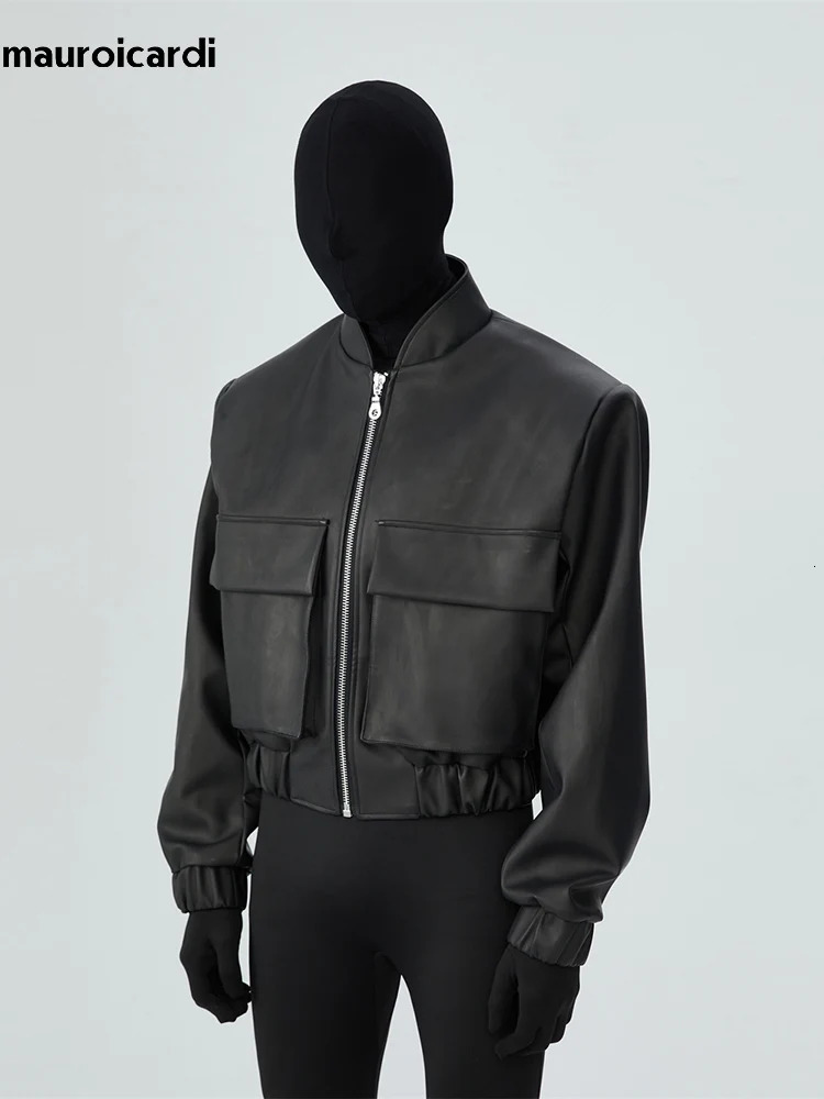 Mauroicardi Spring Autumn Cool Short Loose Black Hard Pu Leather Bomber Jacket Men Zipper Pockets Clothes 2023 250225