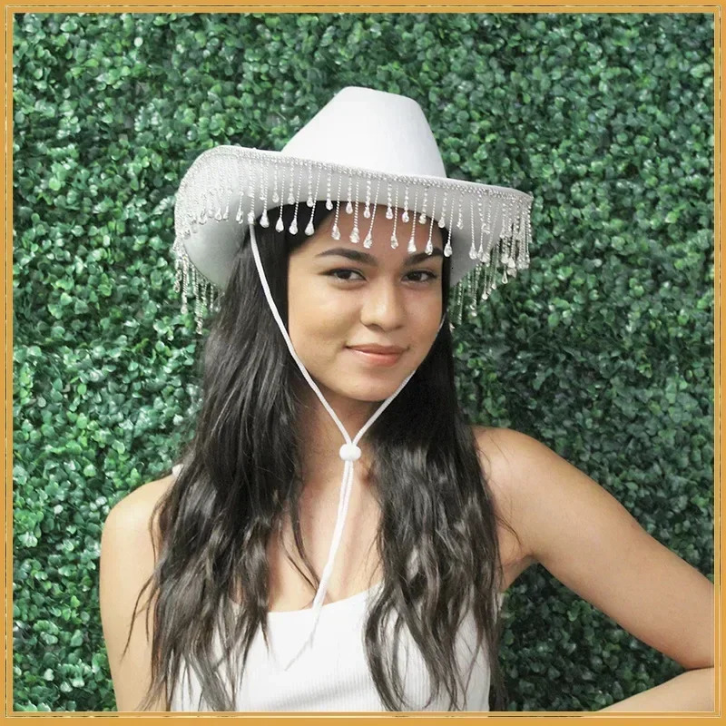 Rhinestone Fringe Western Cowboy Hat Tiara Cowgirl Hat Western Style Girl Wide Brim Felt Cowgirl Cap Costume Cosplay Party Hats 250227