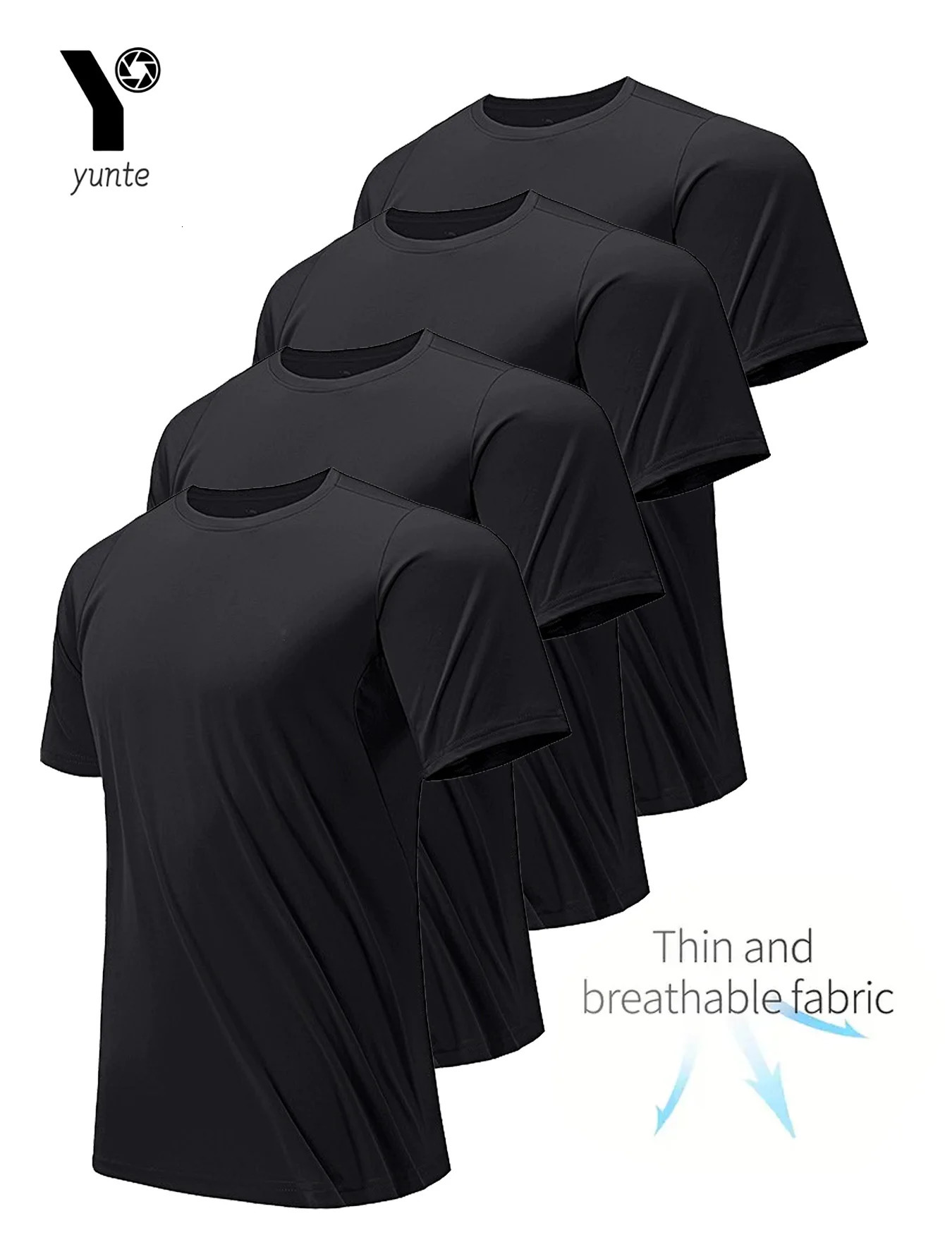 Round Neck T-Shirt 4-Pack Black Ultra-Light Mens Quick Drying Breathable Sweat-Absorbent Shirt Suitable for Fitness Gym and Run 250227