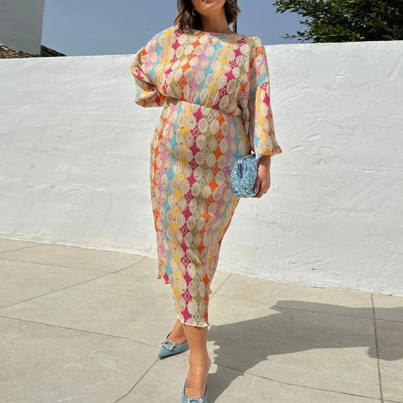 Summer Women Geometric Patterns Print on Dress V-neck Puff Sleeve Loose Pleated Midi Dress Female Robes Plus Size S-3XL 250226