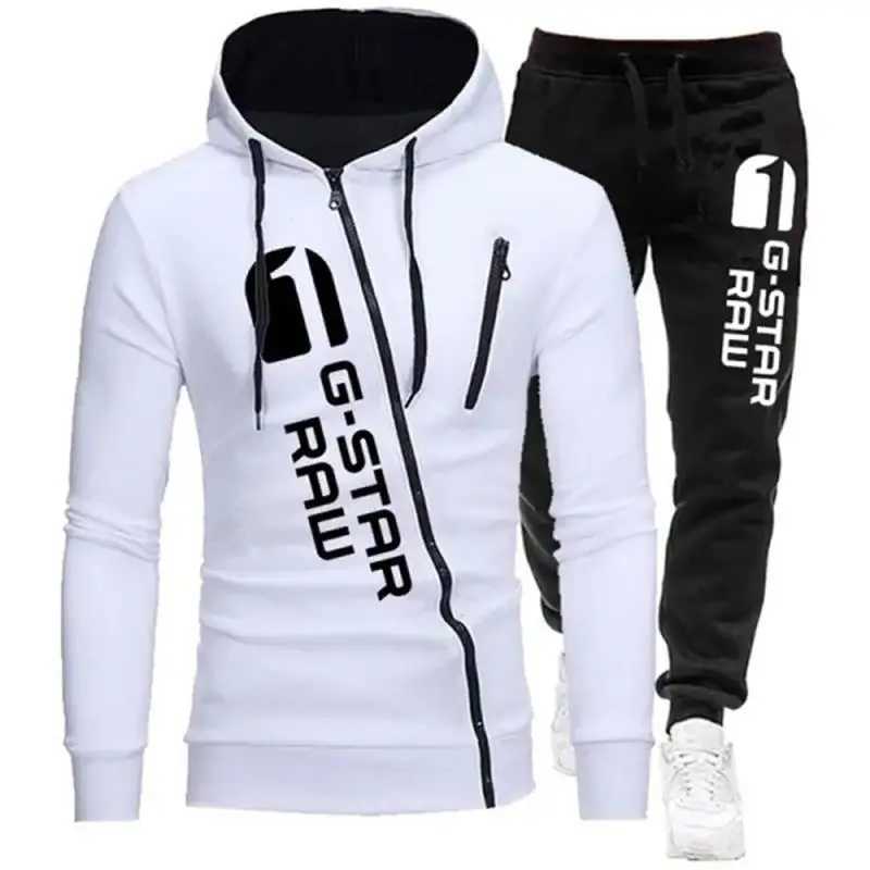 2024 Autumn Winter Oblique Zipper Tracksuit Men Sweatshirt + Sweatpants 2 Pieces Set Casual Mens Hooded Hoodies Suit Sportswear X250228