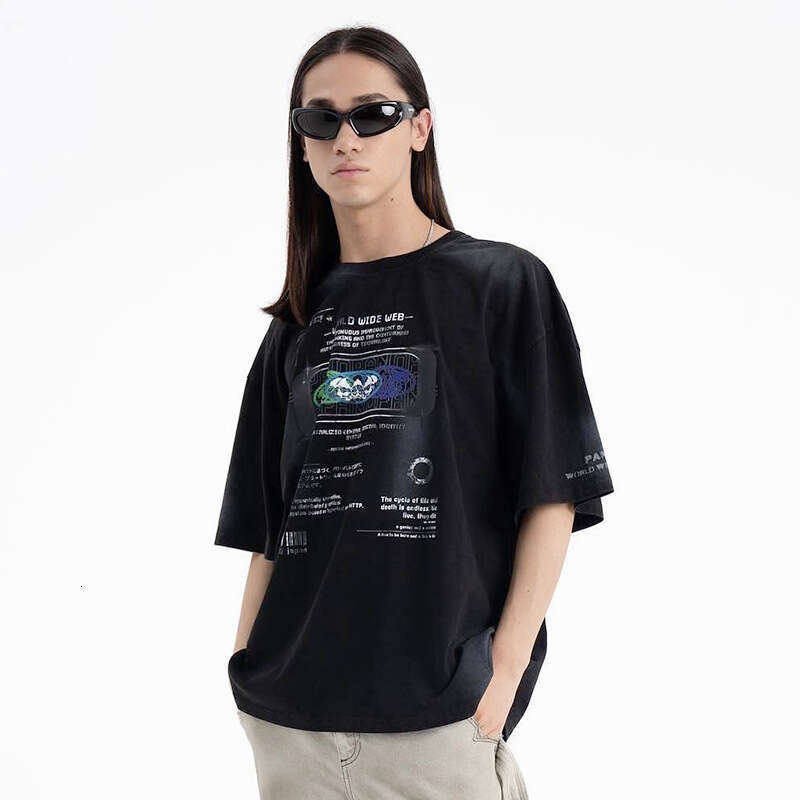 PANQ graphic letter print niche Vibe trendy brand spray painted, washed worn loose men's and women's short sleeved couple T-shirt