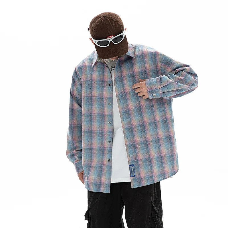Spring long sleeved mens ultrafine fashion color checkered shirt street clothing Korean loose casual retro 250226