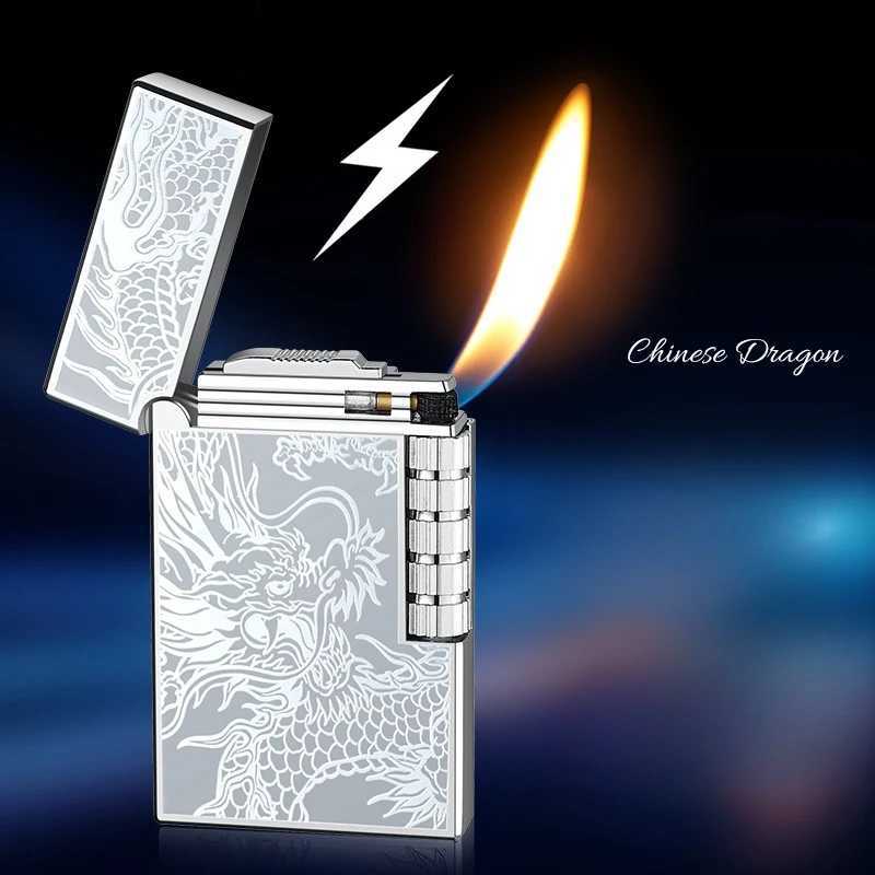 2024 Metal Steel Sound Chinese Dragon Oblique Fire Inflatable Lighter Side Pulley Igniting Butane Gas Pipe Lighters Smoking Gift Y250228