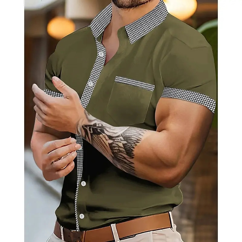 Mens Shirts Casual Shirts Beach Shirts Button Down Shirts Short Sleeve Houndstooth Lapel Vacation Hawaii Clothing Smart Casual 250227