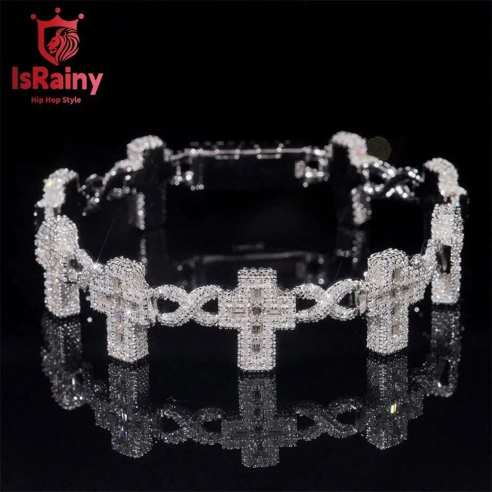 IsRainy Hip Hop Rock 100% Sterg Sier D Color Real GRA All Moissanite Dias Bracelets Cross 6MM Chain Fine Jewelry
