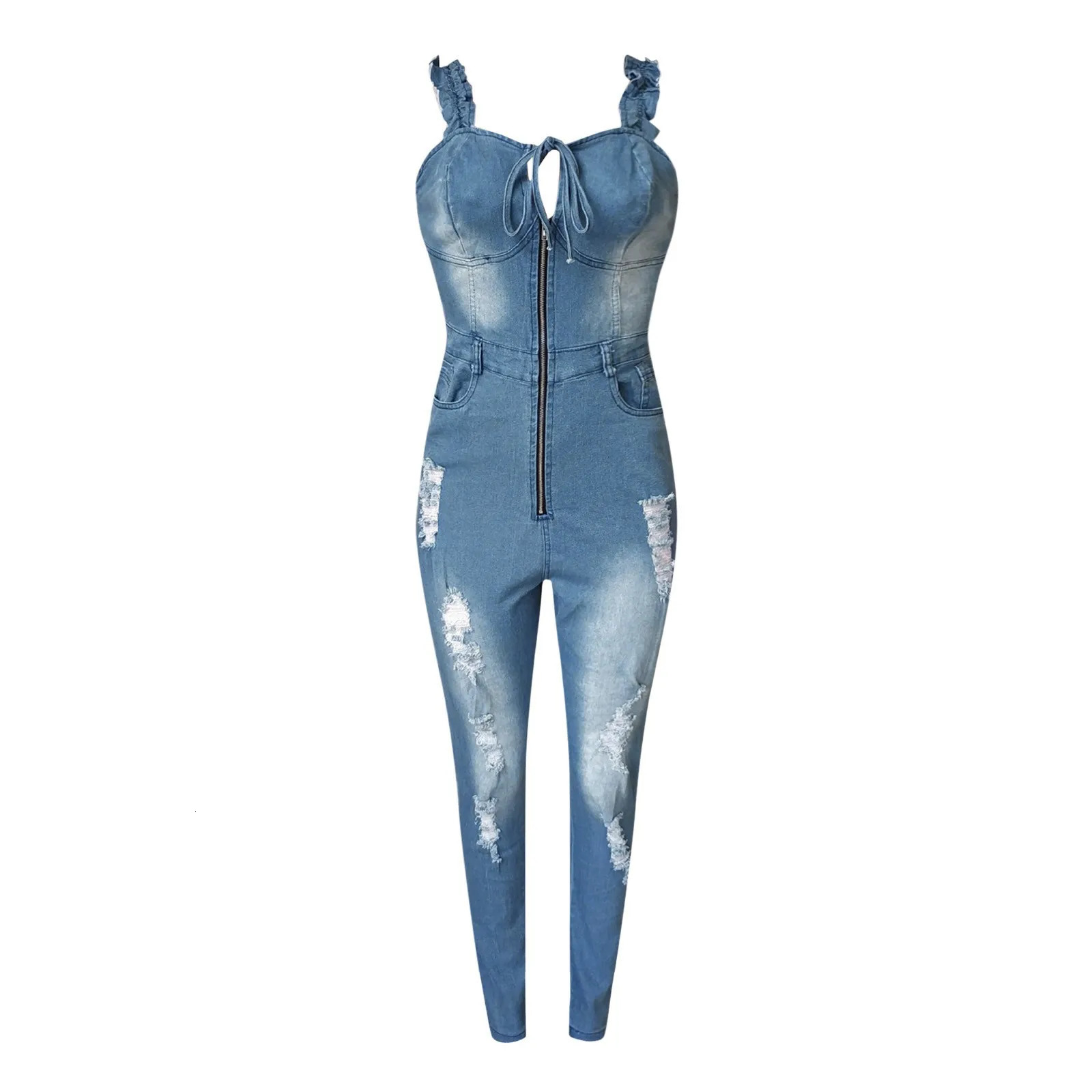 Womens Sexy Ripped Hole Denim Jumpsuits Fashion Slim Washed Jeans Rompers Casual Zipper Overalls Skinny Playsuit Streetwear 250224