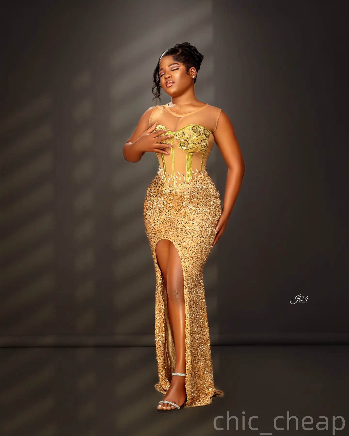 Gold Mermaid Prom Dresses 2025 Crystals Sequined Lace High Split Evening Formal Party Second Birthday Engagement Gowns Plus Size Dress For Special Occ