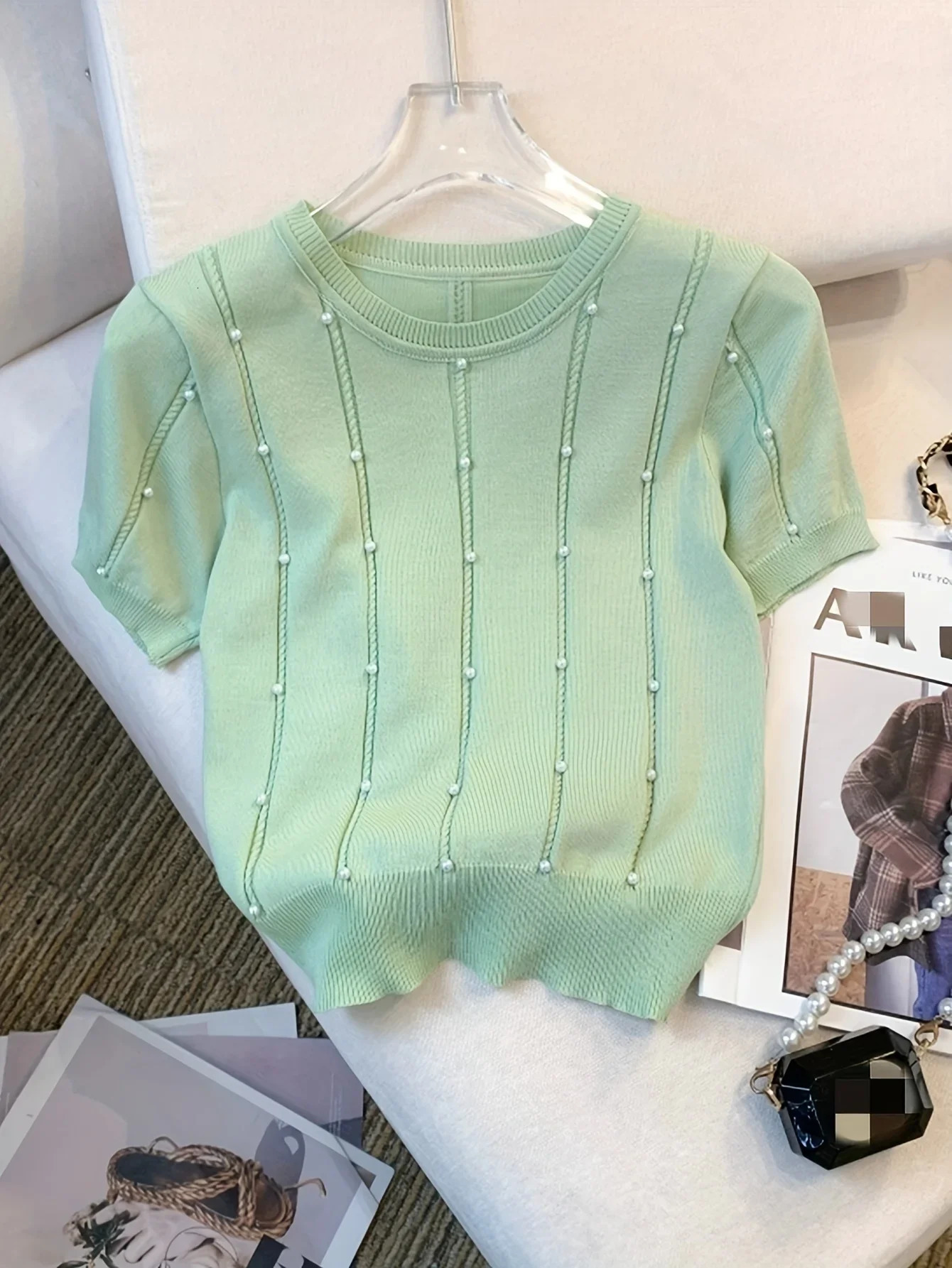2025 Thin Solid Color Crew Neck Beaded Sweater Chic Short Sleeve Knit Top For Spring Summer Womens Clothing Crop 250225