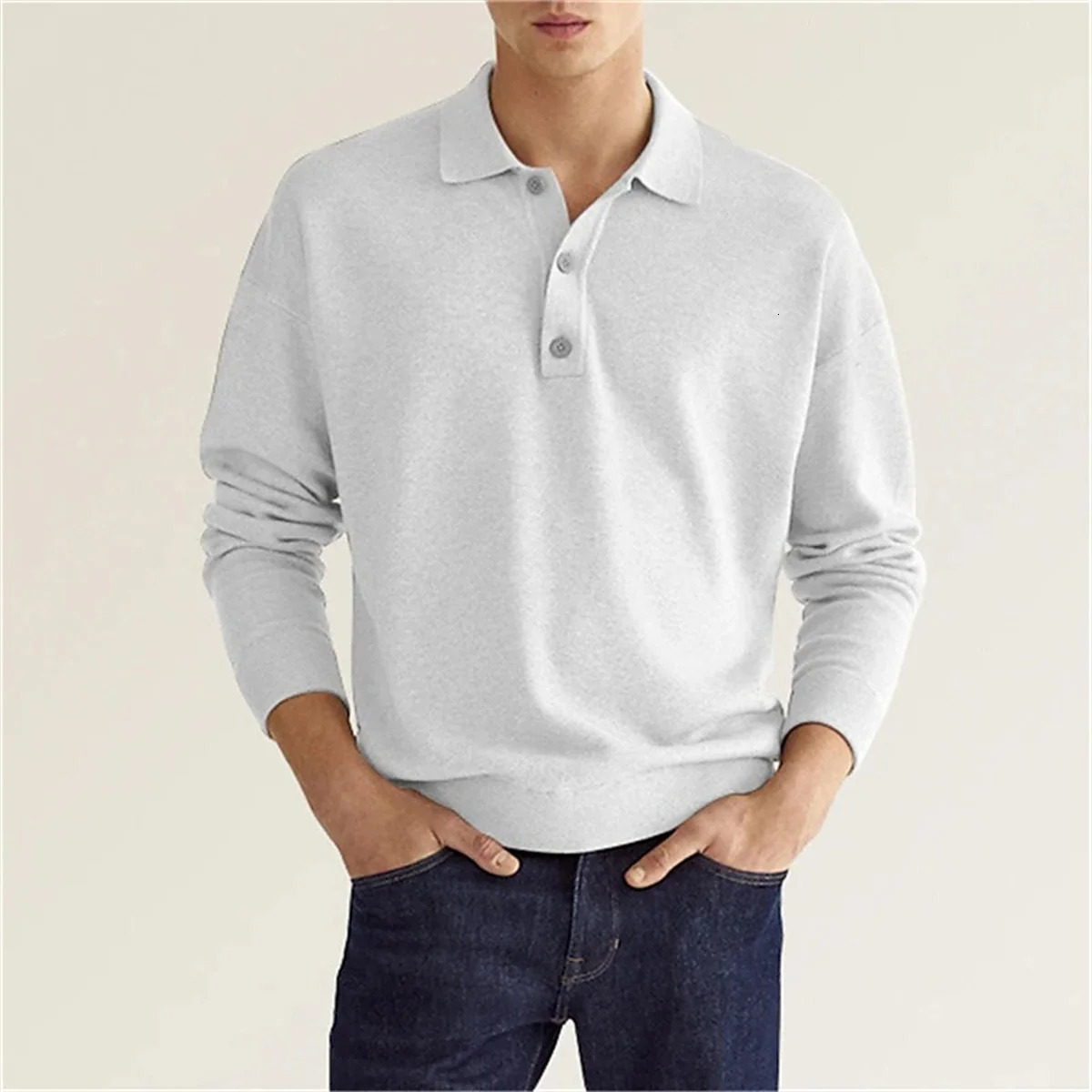 Spring and Autumn Style Mens Business Leisure Office Relaxed Breathable Solid Color Button V-Neck Long-Sleeved Polo Shirt 250227