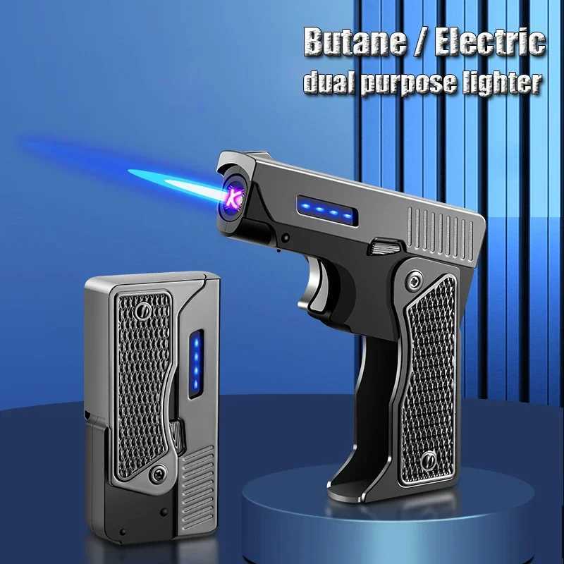 New Windproof Gas-Electric Plasma Type C USB Rechargeable Lighter Gift Men Folding Gun Butane Torch Turbo Jet Flame Cigar Lighter Y250228