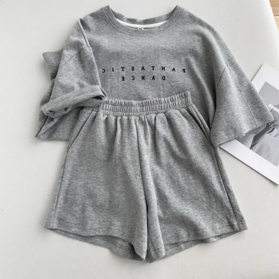 Shorts set summer cotton womens casual twopiece short sleeved Tshirt and high waisted shorts solid dress 250228