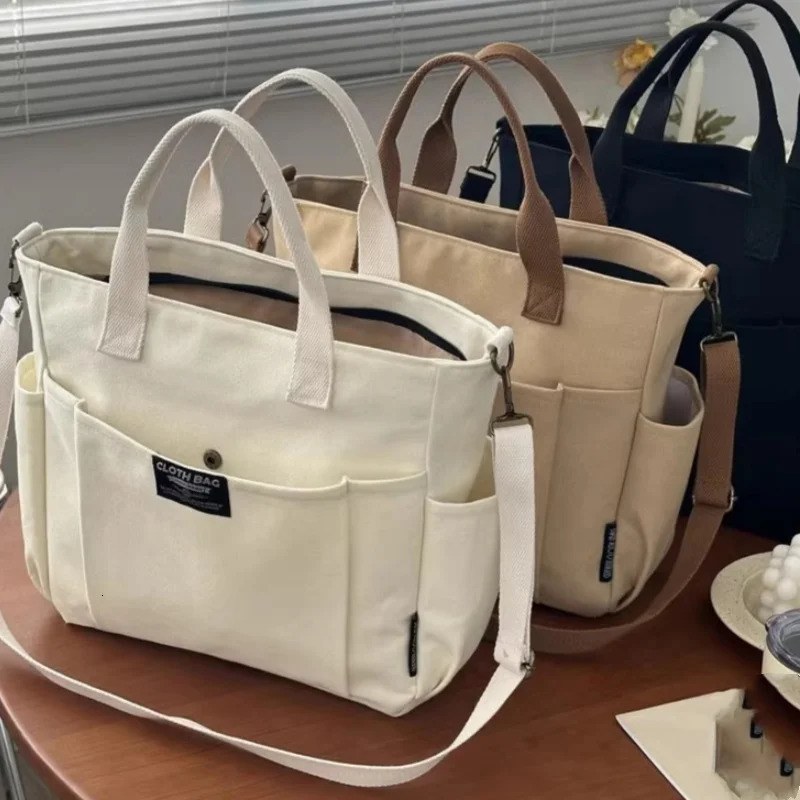 Urban Minimalist Female Student Large Capacity Commuting Horizontal Canvas Single Shoulder Diagonal Cross Portable Tote Bag 250218
