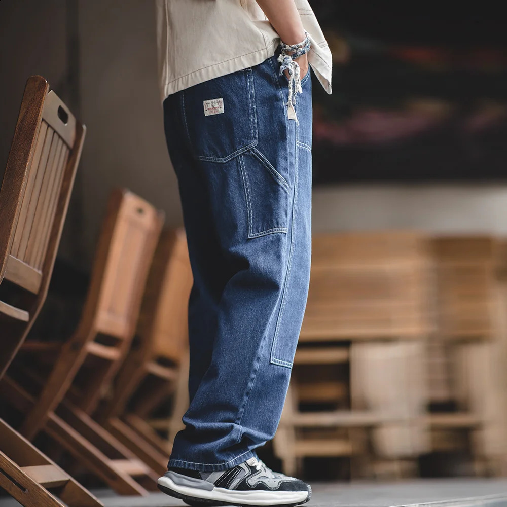 Maden 2024 Autumn Vintage Washed Denim Lumberjack Pants Mens Loose Wide Tapered Jeans Embroidered Baggy Logging Trousers Streetwear 250228Z