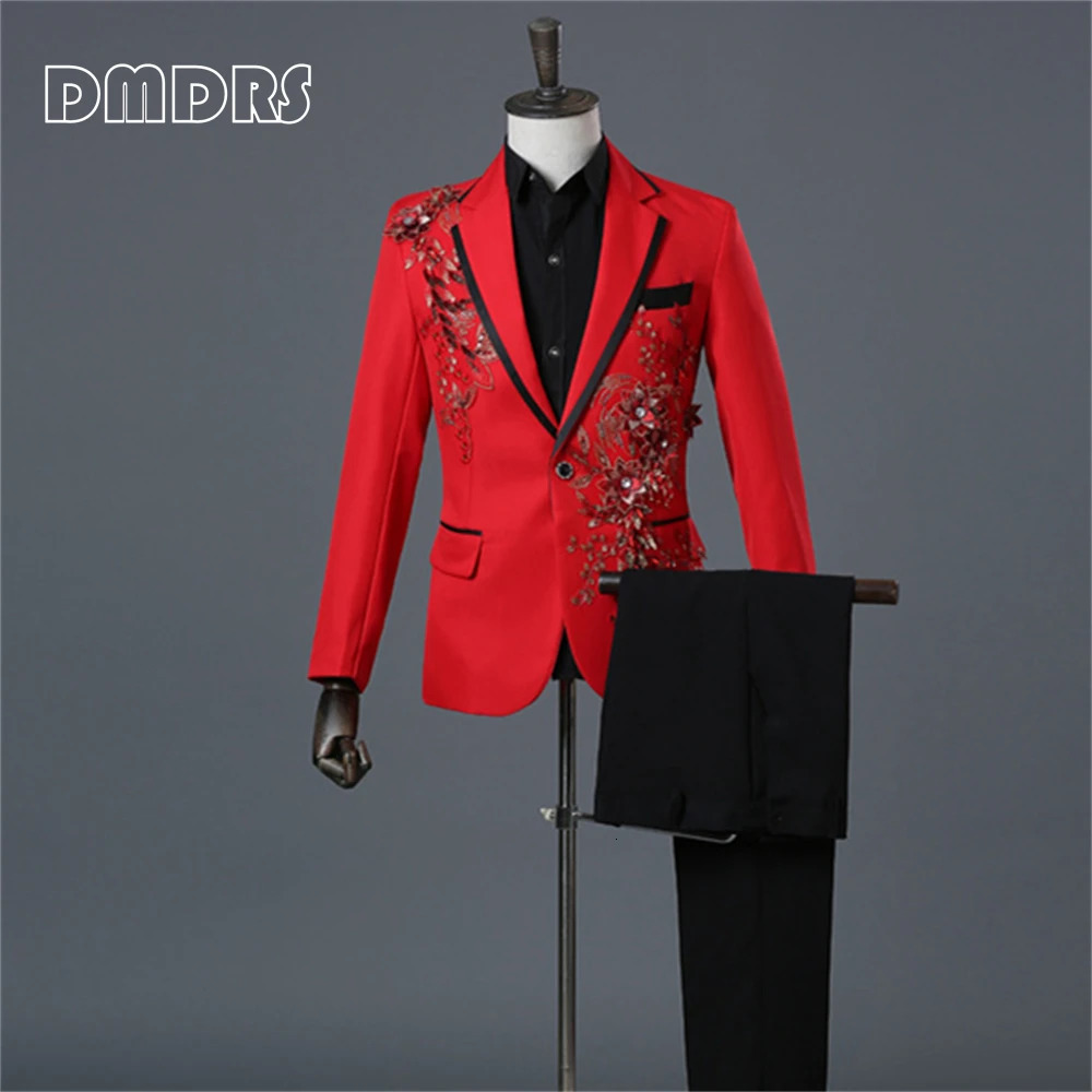 Beaded Mens Prom Suit Set Singer Sequined Party 2 Pieces Tuxedo Blazer Pants Plus Size Men Suits Images 250224