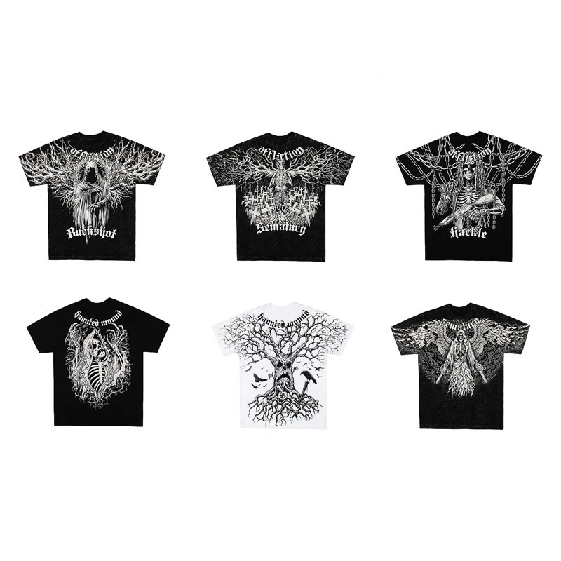 Y2K Gothic T Shirt Haunted Mound Ghost Skull Pattern Streetwear Men Women Harajuku Hip Hop Vintage Unisex Cotton Short Sleeve 250225