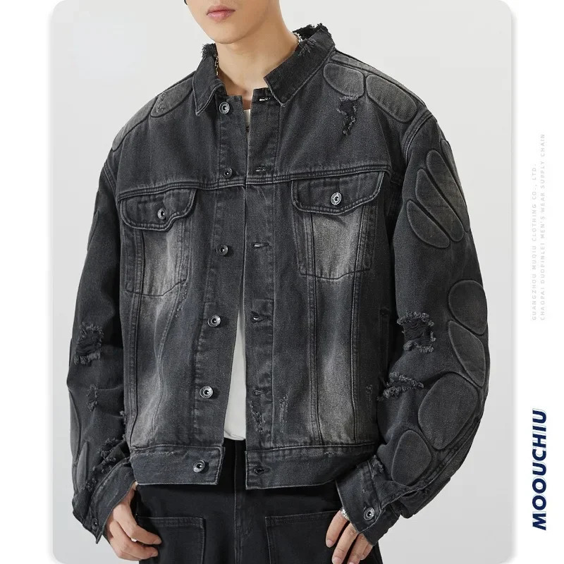 Retro denim jacket mens convertible turtle shell pattern hip-hop bomber jacket high street loose American ripped denim jacket 250225