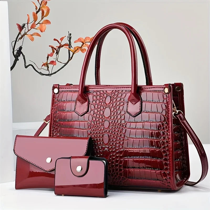 Ship from US 3pcs e Pattern Womens Purse Set Stylish Top Handle Tote Bag Chic Crossbody Handbag Compact Clutch and Credit Ca 250227FBB