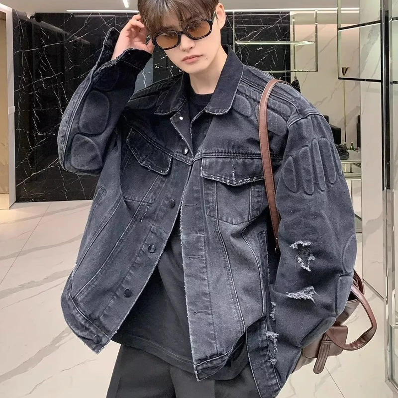 Retro denim jacket mens convertible turtle shell pattern hip-hop bomber jacket high street loose American ripped denim jacket 250225