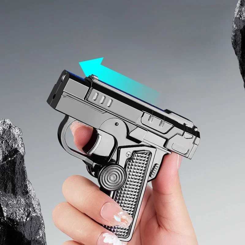 HOT Metal Folding Gun Type Gyroscope Windproof Direct Charge Red Flame Butane Gas Lighter Fun Laser Light Cigar Lighters Smoking Y250228