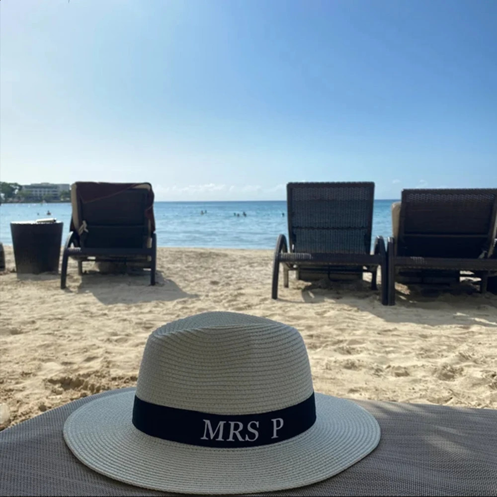 Custom Letters Womens Beach Summer Sun Hat Personalized Initials Ladies Straw Fedora Hat Wedding Party Gifts Straw Hat 250227