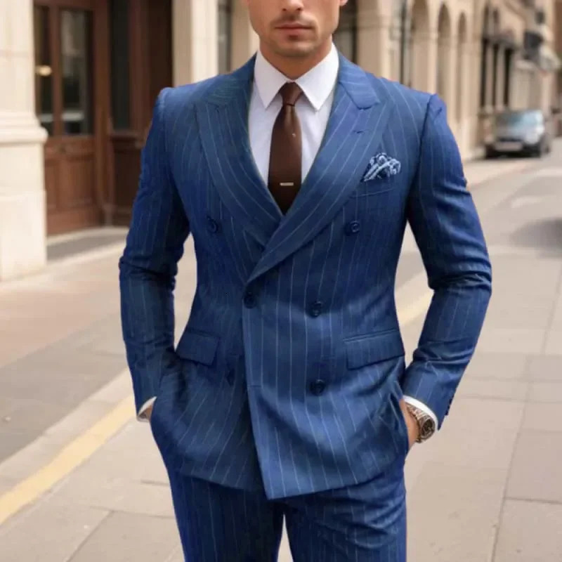 Fashion Double Breasted Lapel Blazer Brown Stripe Regular Length Mens Suits Custom Wedding 2 Piece Jacket Pants Outfits 250224