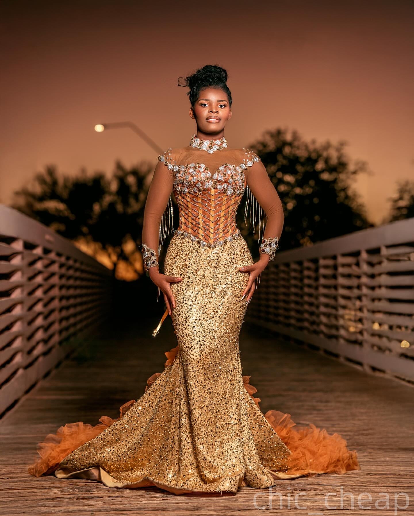 Gold Mermaid Prom Dresses 2025 Lace Beaded Sequined Full Sleeves Evening Formal Party Second Birthday Engagement Gowns Plus Size Dress For Special Occ