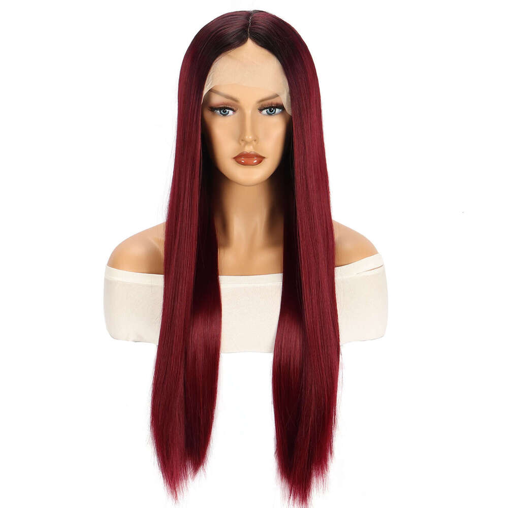HD Front Lace Wig Front Gradient Wine Red Wig Women S Long Straight Synthetic Full Head Cover Lace Wigs