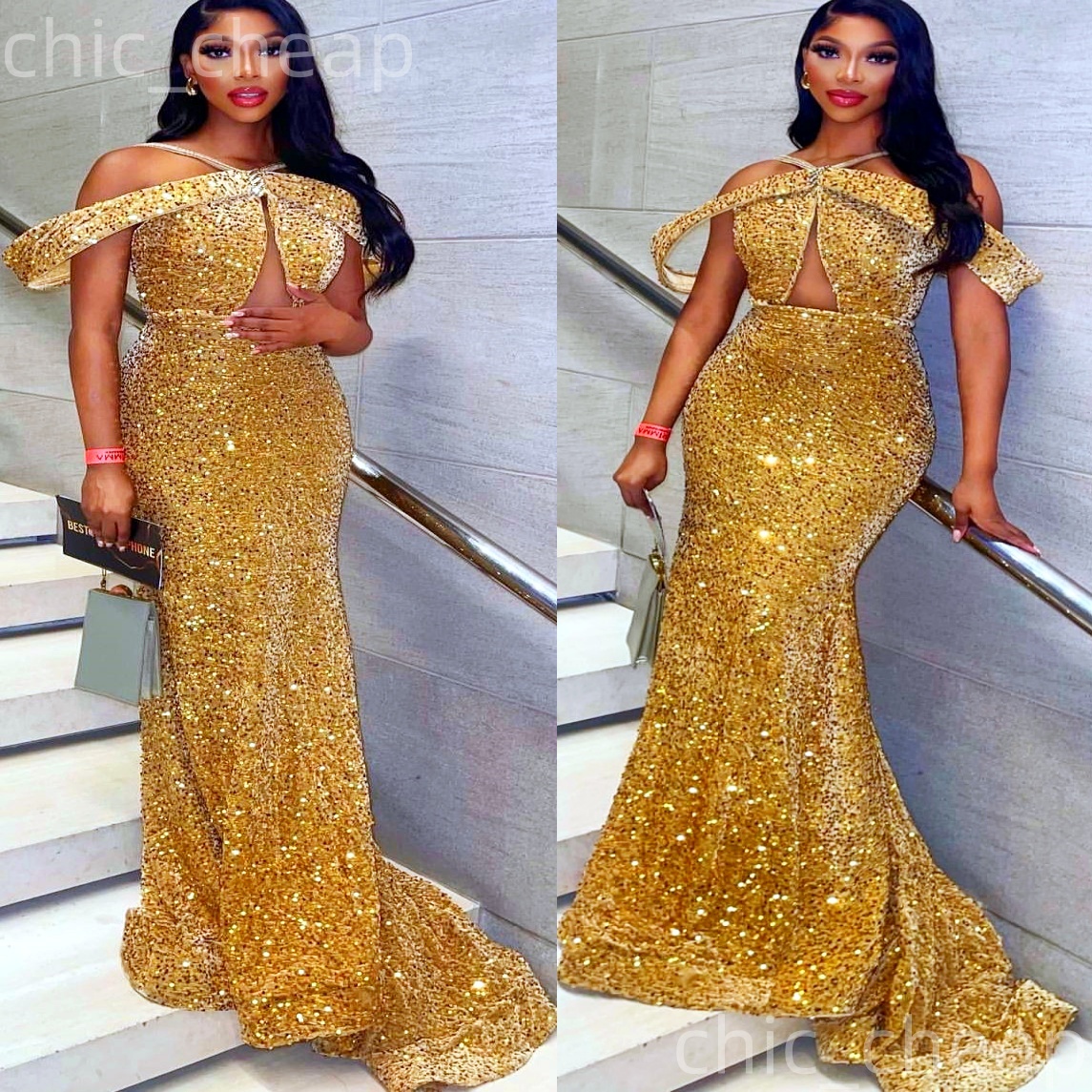 Gold Mermaid Prom Dresses 2025 Simple Sequined Spaghetti Evening Formal Party Second Birthday Engagement Gowns Plus Size Dress For Special Occasions Z