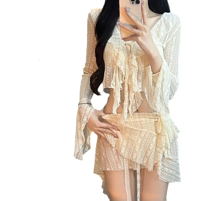 Lace Temperament Pure Lust Style Swimsuit Four-piece Set Long-sleevedSmall Breasts Push-up Vacation Bikini for Women 250227