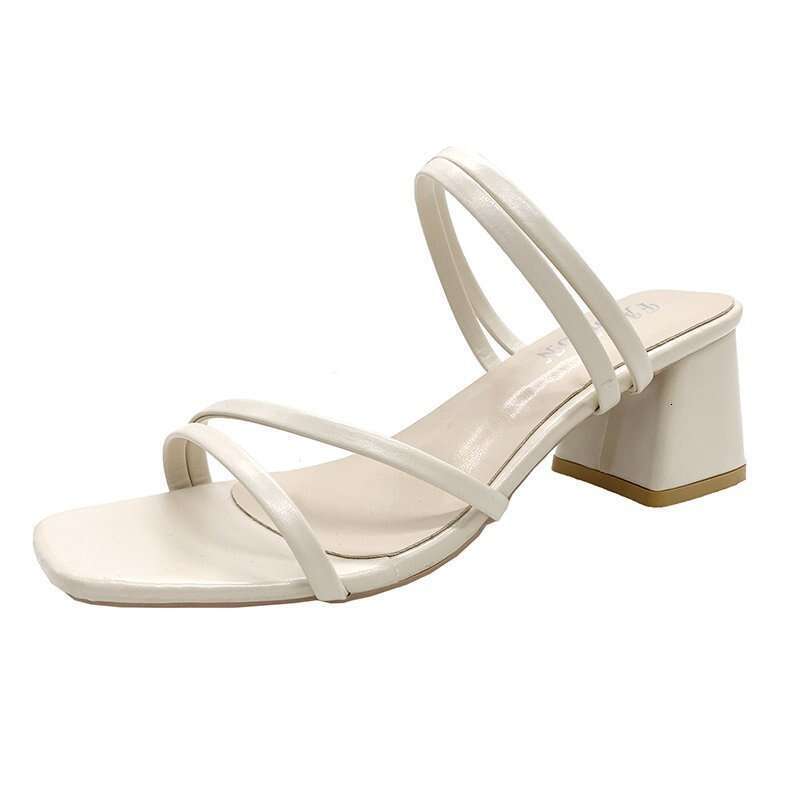 Summer Fashion New Bare Toed Square Head Mid-heel Shoes Pleated Chunky Sandals with A e Shoe Women
