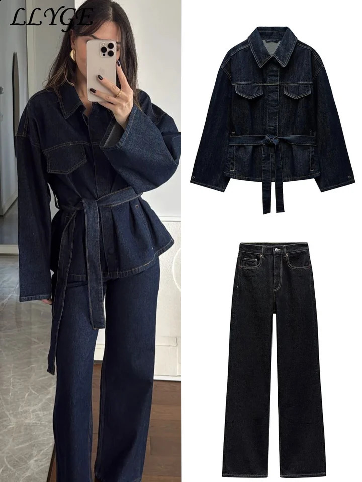Retro belt denim jacket pants set womens lapel single chest pocket straight jeans spring streetwear 250228