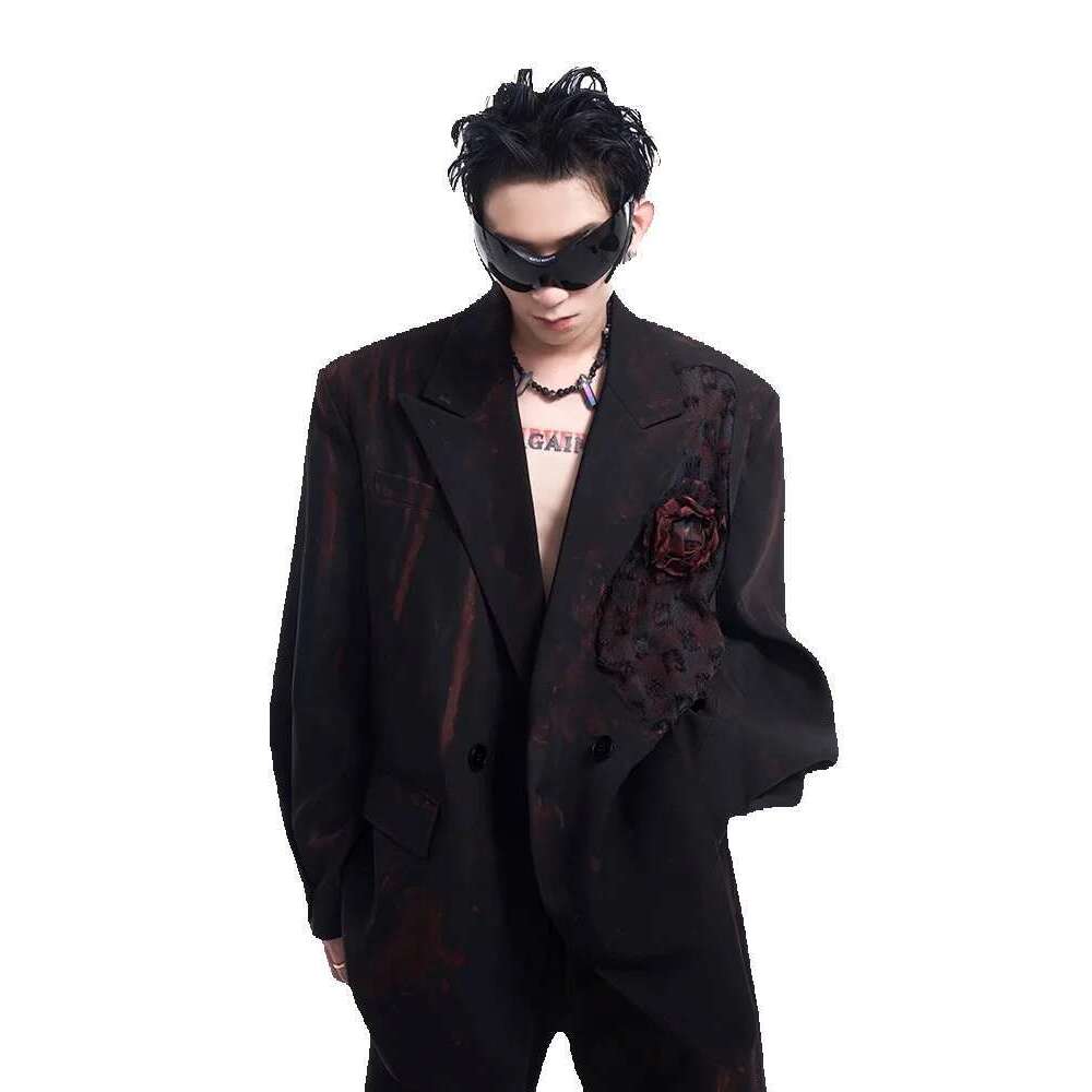 Leather Pants STARTEXCEEDED "Night Rose" Handmade Graffiti Jacket For Men's Autumn And Winter Nightlife High-End Suit coat