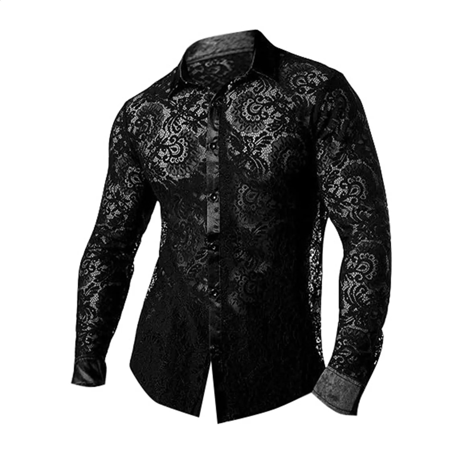 Mens Foreign Trade Lace Shirt Transparent Sexy Long Sleeve Shirt Fashionable Shirt Mens Short-Sleeved Shirt 250222